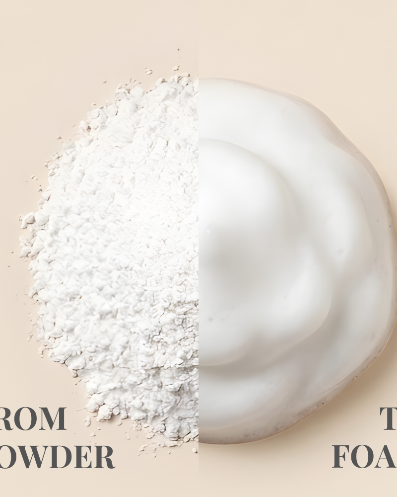 A mound of START AFRESH DAILY Enzyme Powder Wash by IREN Shizen becomes white foam, labeled "FROM POWDER" on the left and "TO FOAM" on the right, showing this gentle daily exfoliator transform in action.