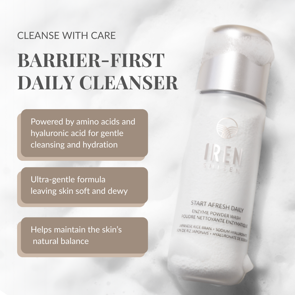 A bottle of IREN Shizen START AFRESH DAILY Enzyme Powder Wash sits on a foamy surface, with text highlighting its gentle, hydrating benefits as a rice enzyme cleanser and skin-balancing daily exfoliator.