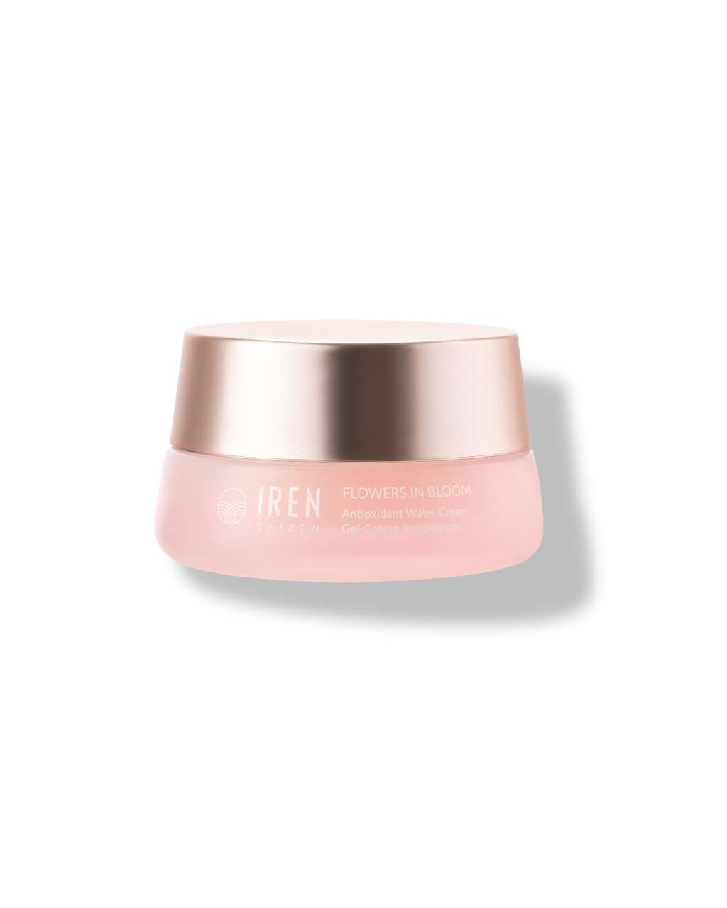 A pink jar of IREN Shizen's "FLOWERS IN BLOOM" Antioxidant Water Cream, ideal for sensitive skin, features a gold lid on a white background.