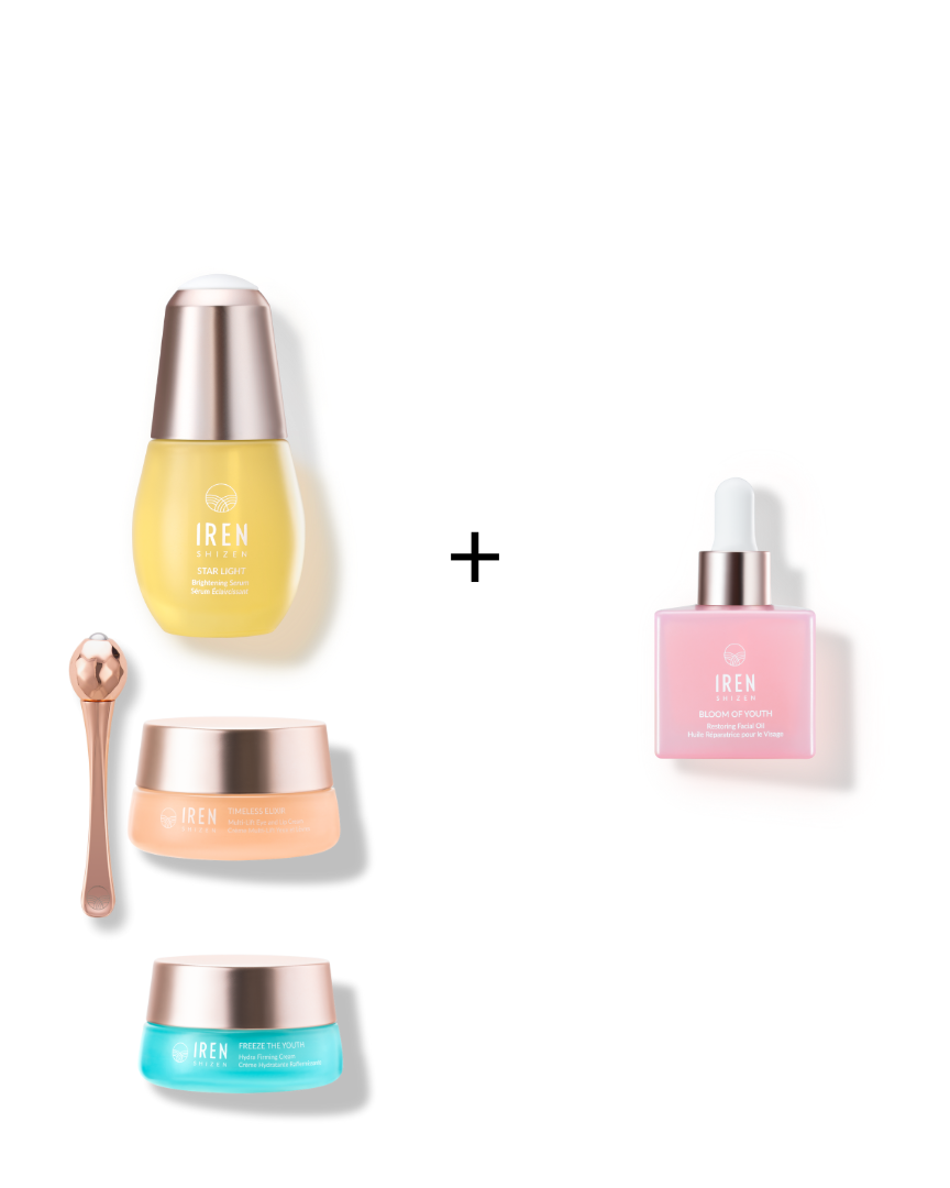 The 4-STEP ROUTINE Custom Set by Fast Bundle includes a yellow serum bottle, a spoon, two jars with blue and peach lids, and a small pink dropper bottle.