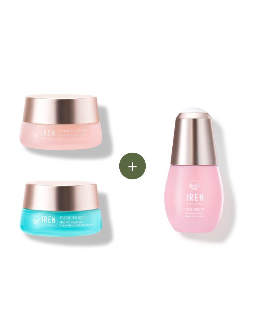 Two jars and one pink serum bottle from the Fast Bundle MOCHI SKIN Instant Glow Travel Set are arranged with plus signs between them on a white background.