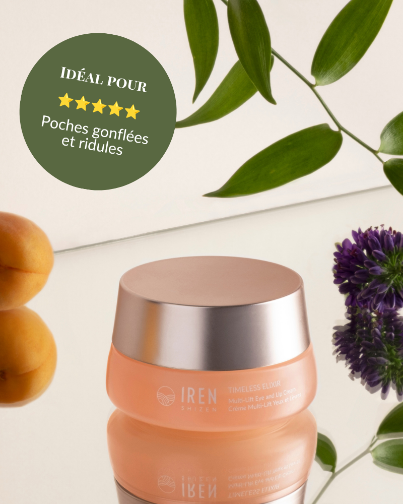 A jar of IREN Shizen TIMELESS ELIXIR Multi-Lift Eye and Lip Cream sits on a reflective surface with green leaves, a purple flower, and two orange fruits. A badge highlights its benefits for puffiness, dark circles, and fine lines.