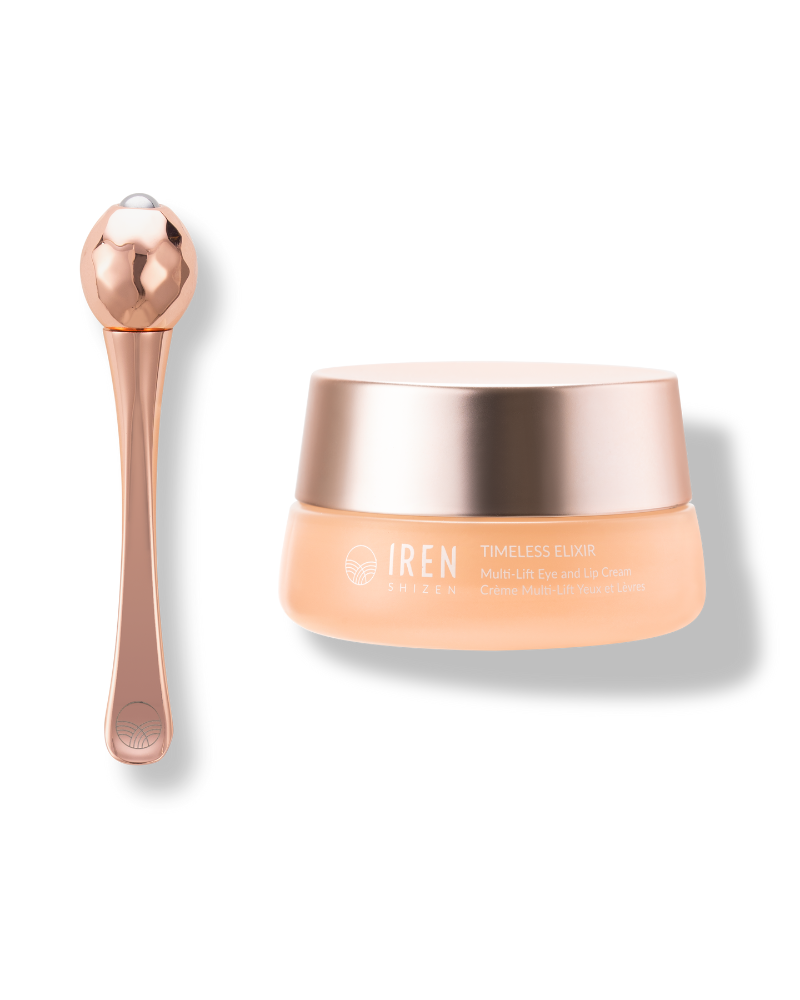 A jar of IREN Shizen TIMELESS ELIXIR Multi-Lift Eye and Lip Cream is shown alongside a rose gold application tool.