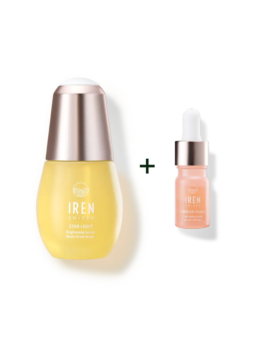 A yellow bottle of IREN Shizen STAR LIGHT Brightening Serum with a silver cap is shown beside a pink dropper bottle, plus sign in between—ideal for effective hyperpigmentation treatment.