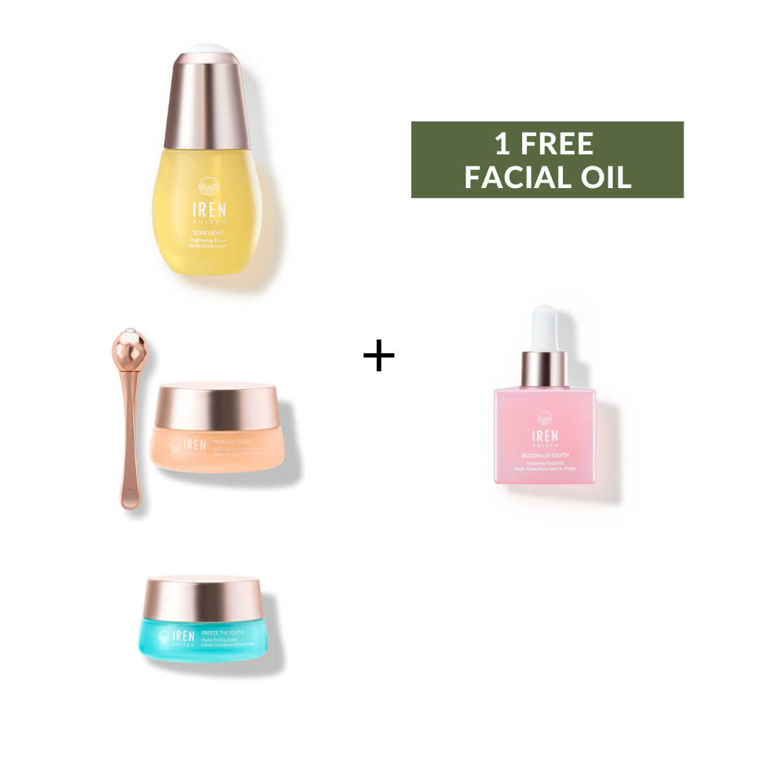 The Fast Bundle 4-STEP ROUTINE Custom Set contains two creams, facial oil, a spatula, and a "1 Free Facial Oil" label on a green box.