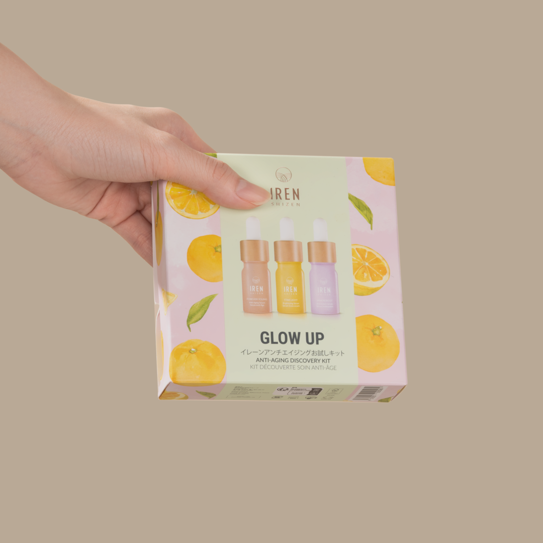 Achieve dewy skin with the help of youth-preserving actives and superfruits from Japan. Get ready for the ultimate glow up with IREN Shizen's GLOW UP Anti-Aging Discovery Kit.