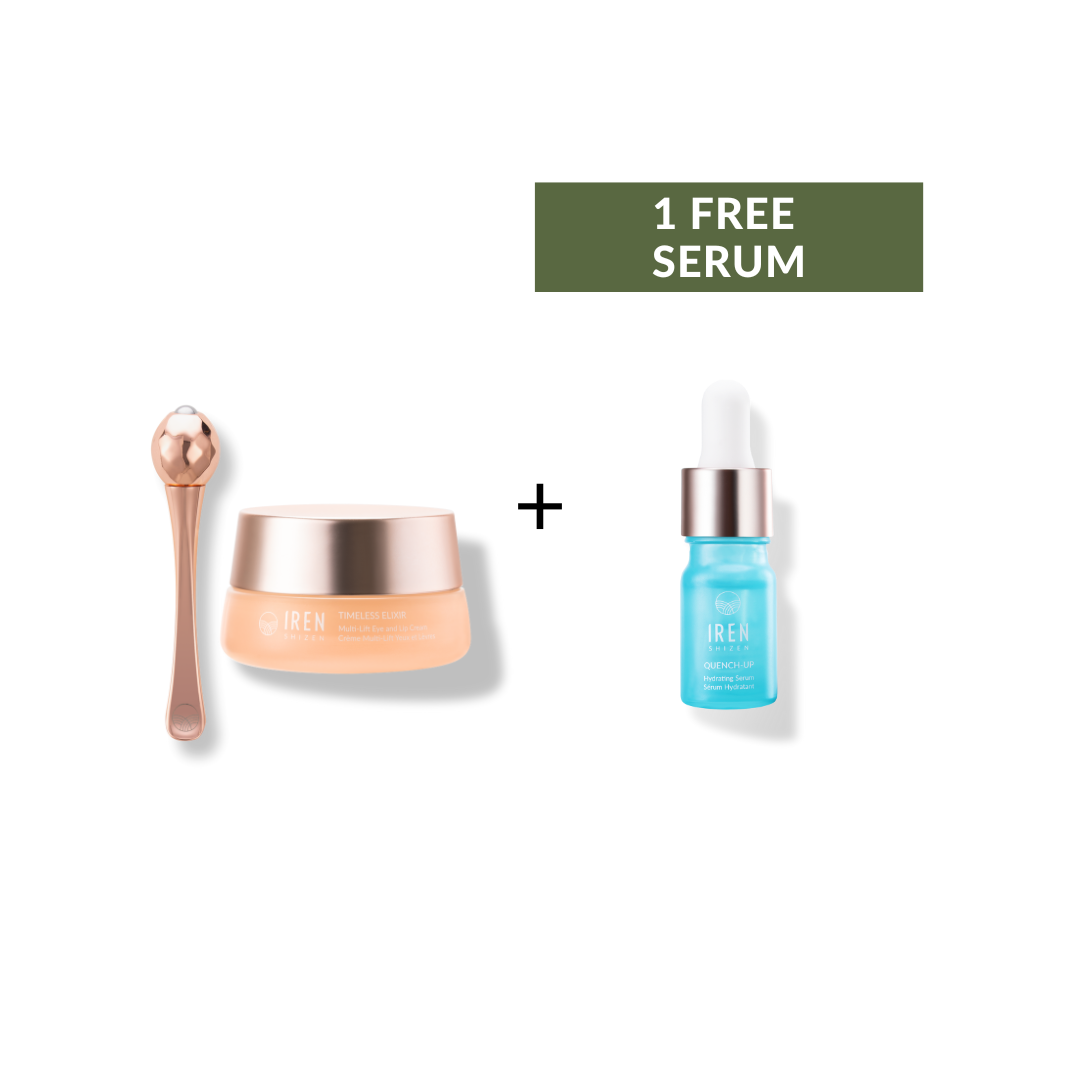 The TIMELESS ELIXIR Hydrating Eye Skincare Kit from IREN Shizen includes an anti-aging eye cream with an applicator and a blue hydrating serum bottle with a dropper, labeled "1 Free Serum.