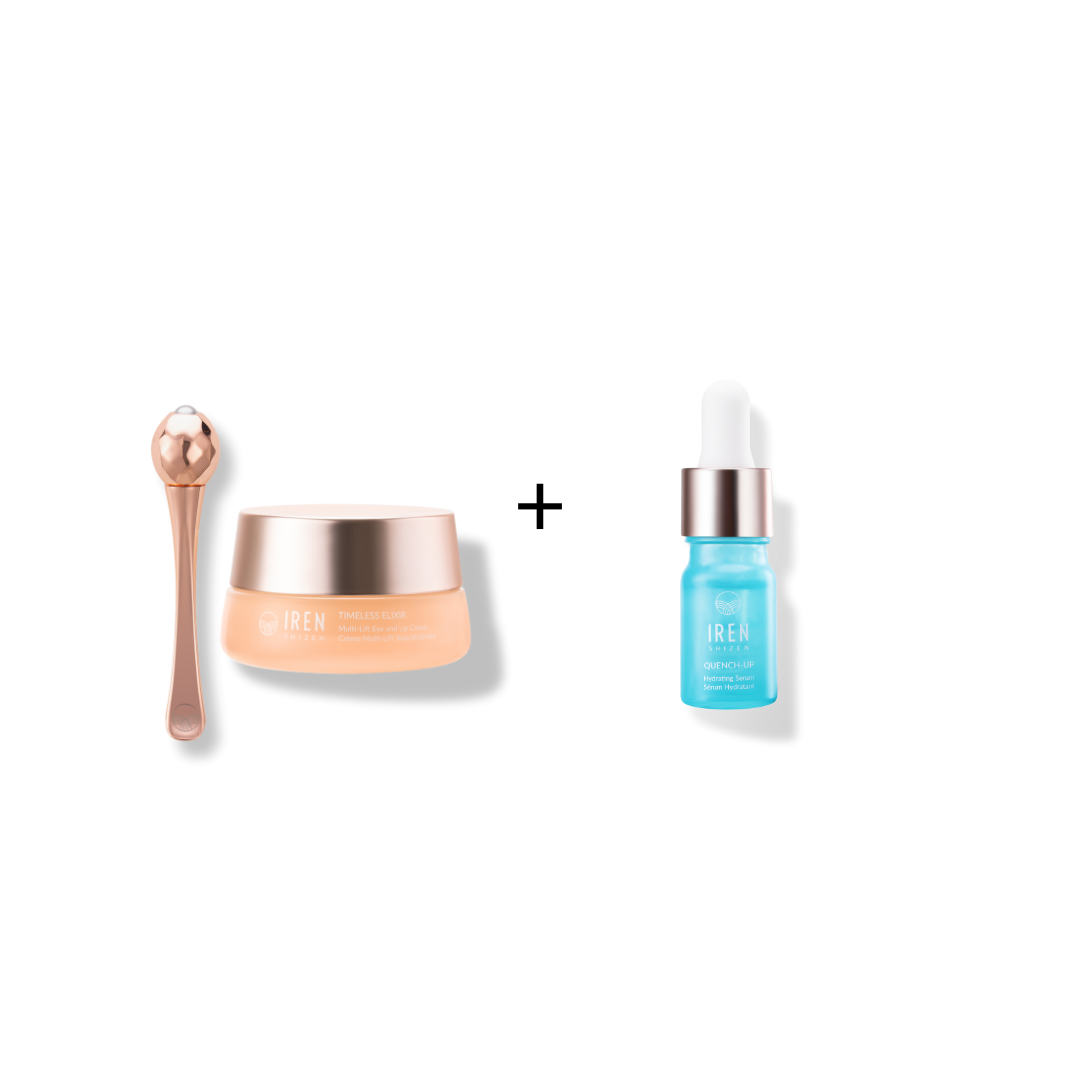 The TIMELESS ELIXIR Hydrating Eye Skincare Kit by IREN Shizen features a rose gold applicator jar of anti-aging eye cream and a dropper bottle of blue serum, both aimed at tackling dark circles and rejuvenating your skin.