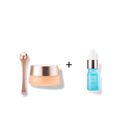 The TIMELESS ELIXIR Hydrating Eye Skincare Kit by IREN Shizen features a rose gold applicator jar of anti-aging eye cream and a dropper bottle of blue serum, both aimed at tackling dark circles and rejuvenating your skin.