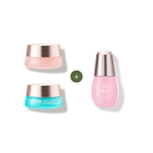 Two jars and one pink serum bottle from the Fast Bundle MOCHI SKIN Instant Glow Travel Set are arranged with plus signs between them on a white background.