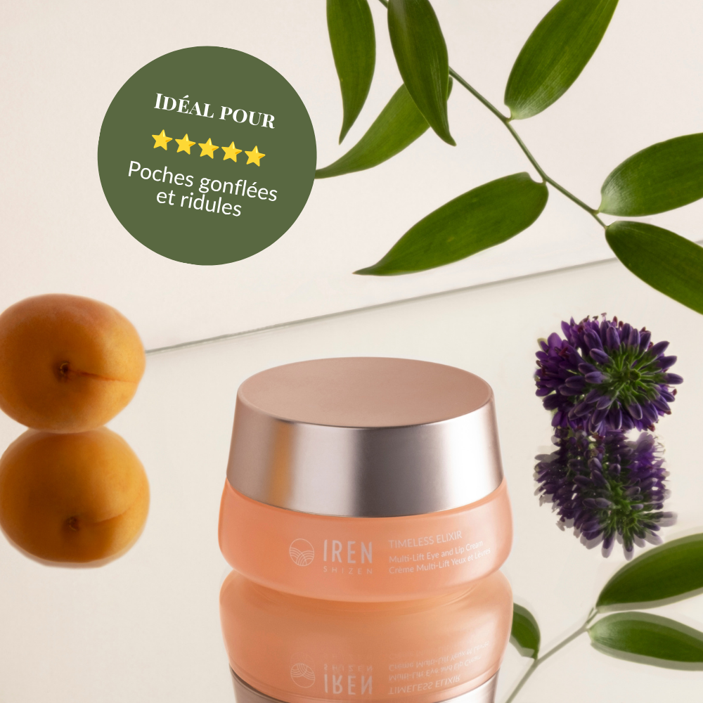 A jar of IREN Shizen TIMELESS ELIXIR Multi-Lift Eye and Lip Cream sits on a reflective surface with green leaves, a purple flower, and two orange fruits. A badge highlights its benefits for puffiness, dark circles, and fine lines.