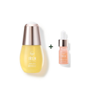 A yellow bottle of IREN Shizen STAR LIGHT Brightening Serum with a silver cap is shown beside a pink dropper bottle, plus sign in between—ideal for effective hyperpigmentation treatment.