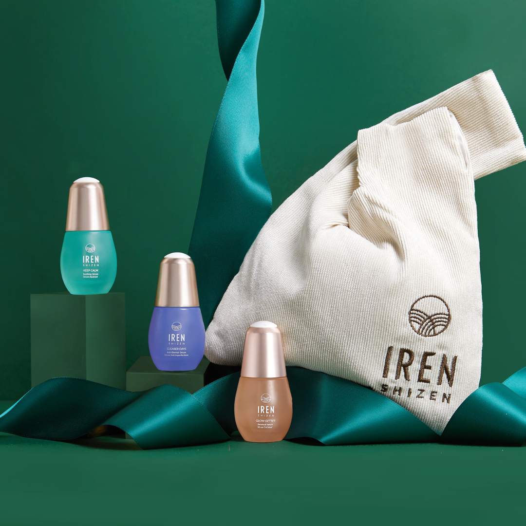 A customized CLEAR UP Anti-Blemish Set with three bottles and a bag with the word IREN Shizen on it.